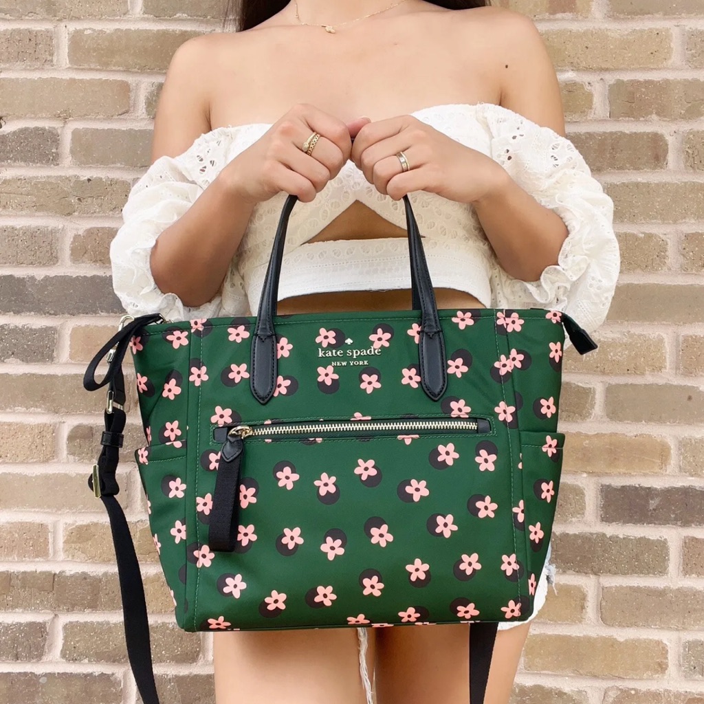 Kate Spade Green Floral Satchel With Pink Flowers